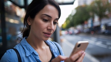 A woman at a city bus stop reads a message on her phone. She's wearing a beige coat, waiting for her transportation.