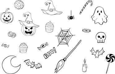 Vector set of Halloween elements. Perfect for scrapbooking, greeting card, party invitation, poster, tag, stickers. Hand-drawn style. Fall theme.