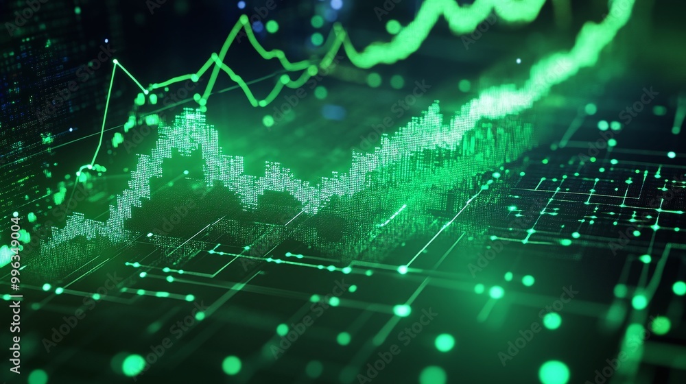 Poster abstract digital financial graph with glowing green lines and data points on a dark background.