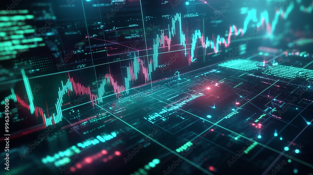 Aufkleber abstract digital financial graph with glowing charts and data analysis in vibrant colors.