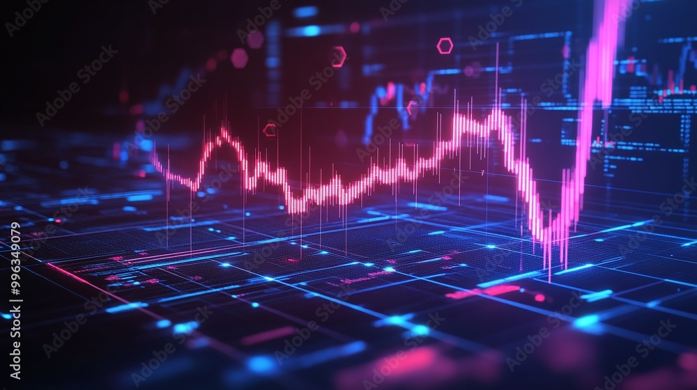 Poster abstract digital financial graph with glowing lines and circuit patterns on a dark background.