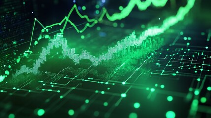 Obraz premium Abstract digital financial graph with glowing green lines and data points on a dark background.