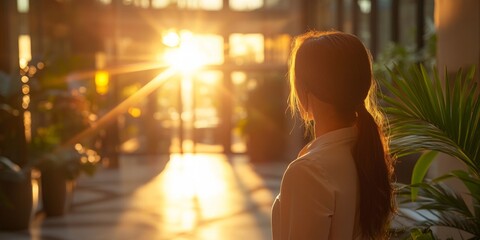 Hotel staff member guiding new guests, sunlit pathway, blurred hotel ambiance, welcoming atmosphere, engaging tour experience