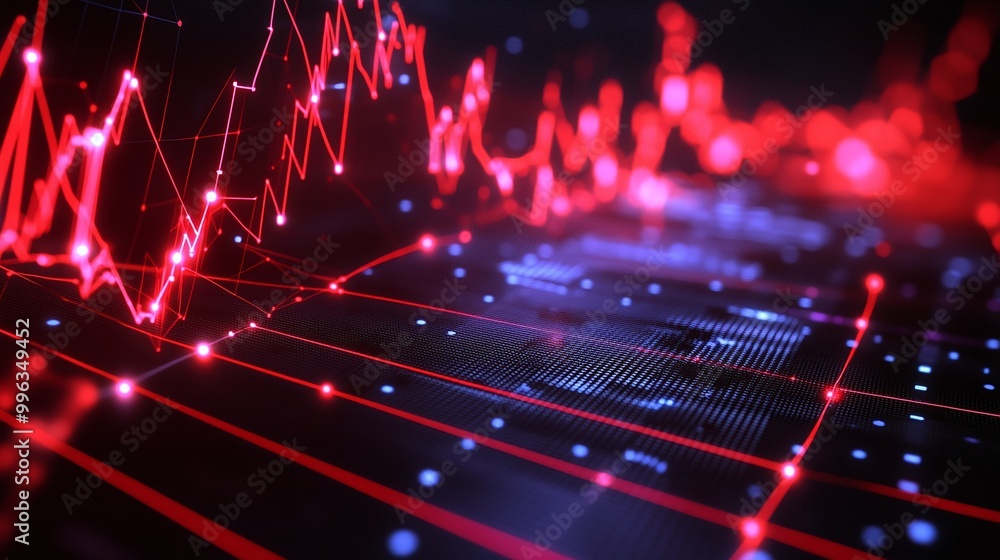 Poster abstract digital financial graph with glowing red lines and shapes, illustrating data trends and ana
