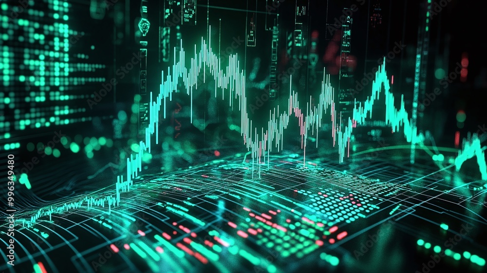 Poster abstract digital financial graph with green and red indicators highlighting data trends and analytic