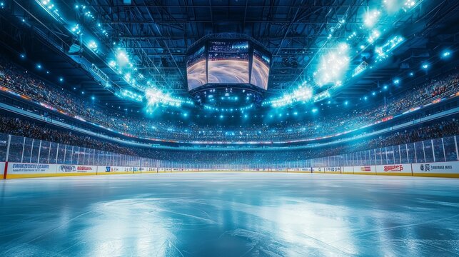 An empty ice hockey rink in a packed stadium with bright lights and a giant screen, capturing the calm before the action and the anticipation of a major game.