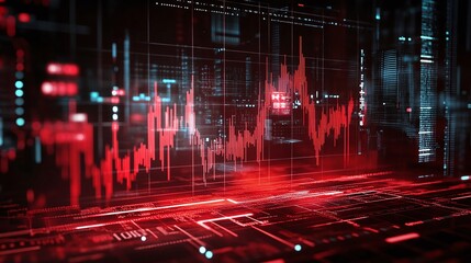 Abstract digital financial graph with red and black tones, representing stock market trends and cryptocurrency fluctuations.