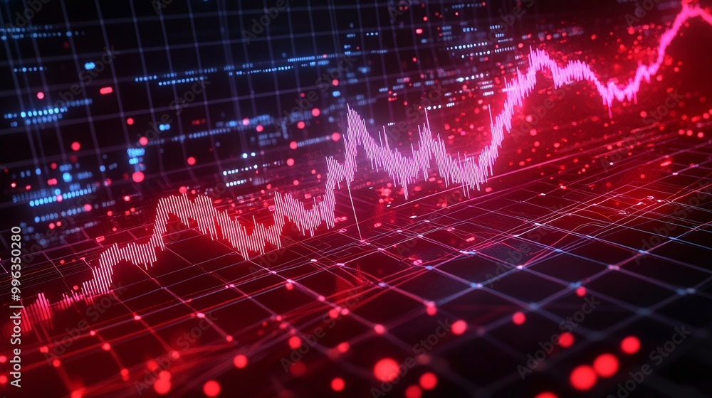 Poster abstract digital financial graph with red and blue lines on a grid background, illustrating market t