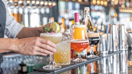 A bartender carefully prepares a beautifully garnished cocktail, surrounded by a vibrant selection of spirits and glassware at a modern bar.