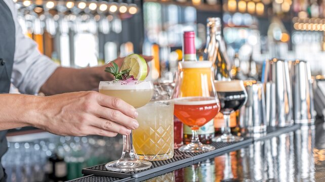 A bartender carefully prepares a beautifully garnished cocktail, surrounded by a vibrant selection of spirits and glassware at a modern bar.