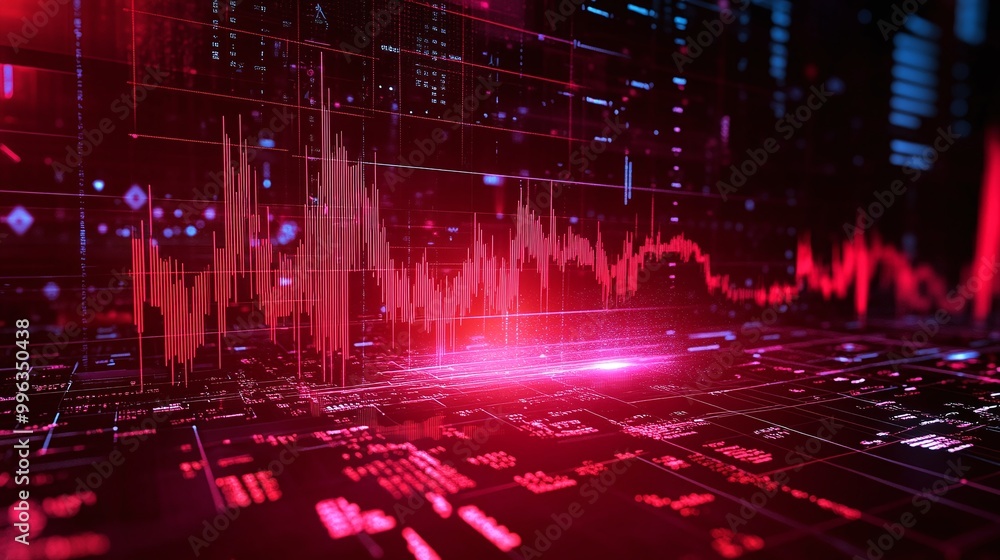 Poster abstract digital financial graph with red lines and glowing data visualization elements on a dark ba
