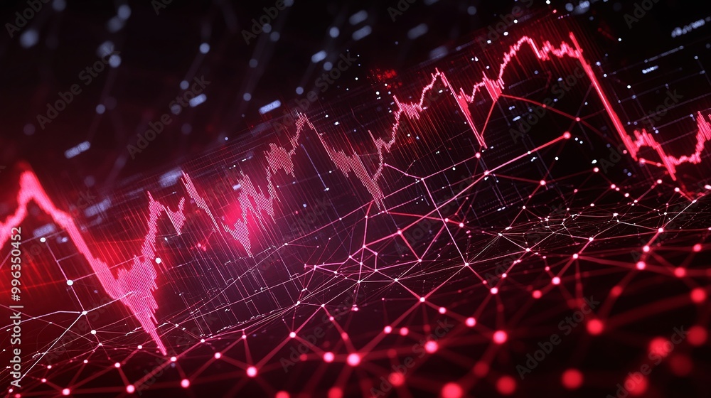 Poster abstract digital financial graph with red lines and glowing nodes on a dark background representing 