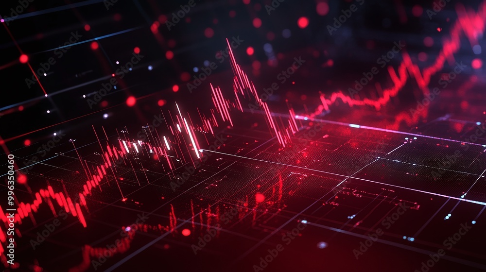 Poster abstract digital financial graph with red lines and data points representing market trends and fluct