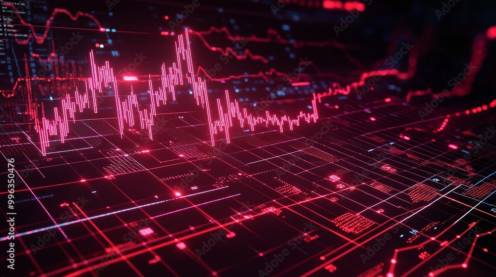 Poster abstract digital financial graph with red lines, representing data analysis and market trends.