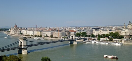 Budapest city. View at Chain bridge, river Danube and famous building of Parliament.