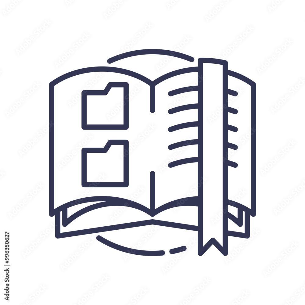 Poster an open book with folders and a bookmark, symbolizing organized and quick access to information.