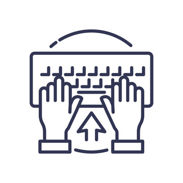 Hands typing on a keyboard with an upward arrow, symbolizing data input and submission.