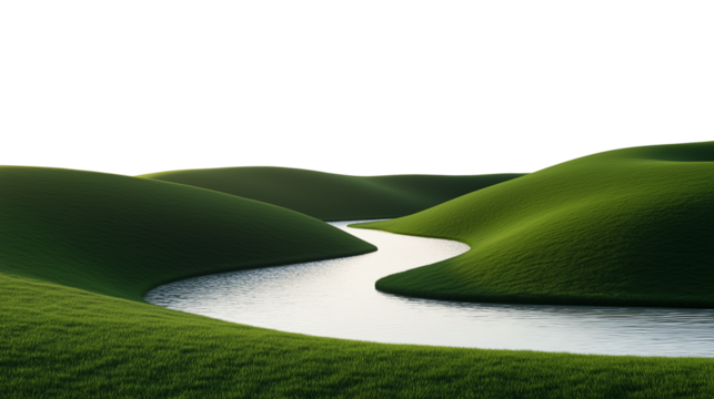Curved River winding through green hills isolated on transparent background - Powered by Adobe
