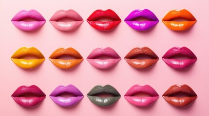 Obraz premium A collection of colorful lips in various shades on a soft pastel background, creating a fun, fashion-forward image.