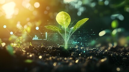  AI-generated plant sprouting from the ground, with futuristic technology symbols and data visualization in the background