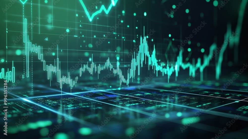 Poster abstract digital financial graph, data visualization concept with green lines on a dark background.