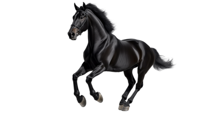 Sleek black horse running isolated on transparent background