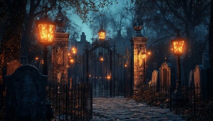 Fototapeta premium Spooky Main Gate of a Cemetery with Fog and Dim Lights at Night