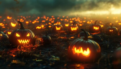 Naklejka premium Pumpkin Patch Aglow with Jack-o'-Lanterns in Spooky Night Setting