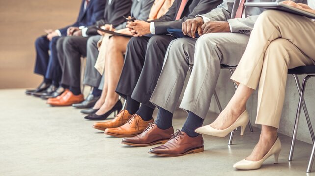 A row of business people in formal attire, patiently waiting. Ideal for stock photos related to job interviews, career transitions, or corporate settings.