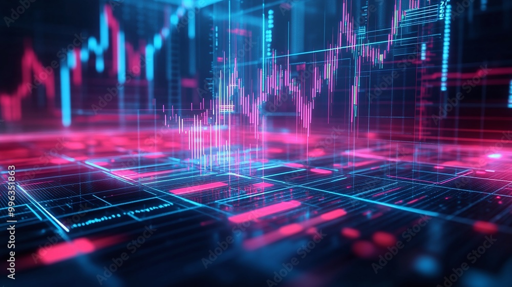 Poster abstract digital financial trading data visualization with vibrant colors and graphs on dark backgro