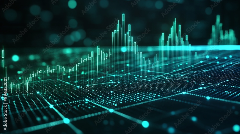 Poster abstract digital graph data visualization with glowing lines and dots on a dark background.
