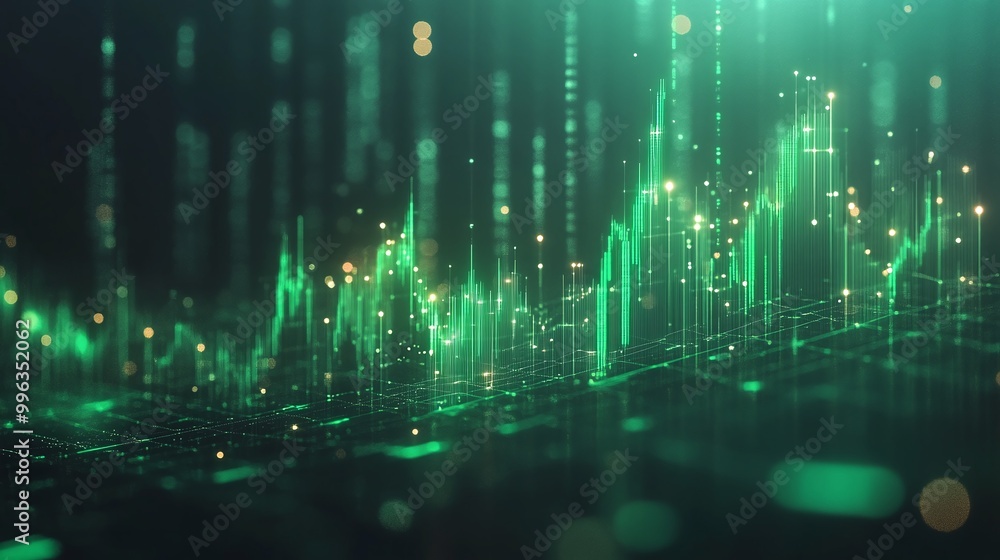 Poster abstract digital graph depicting fluctuating data trends with glowing green elements on a dark backg