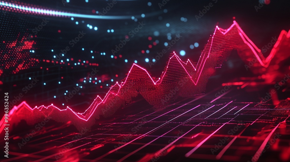 Poster abstract digital graph in red tones, representing data analysis and financial growth against a dark 