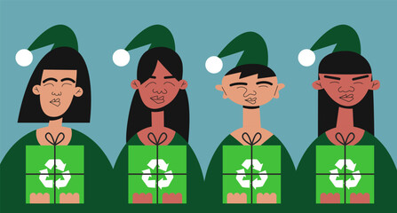 Eco-friendly green Boy and Girls Santa Clauses hanging gifts made of recycled materials. Eco-Christmas concept. Sustainable development and technology. Flat vector illustration.