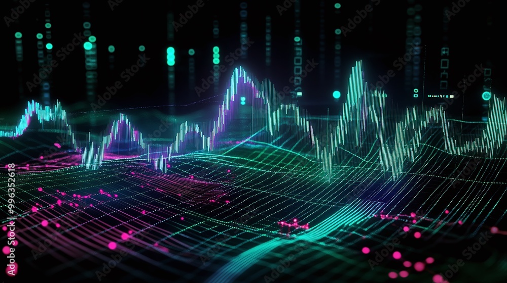 Poster abstract digital graph representation with colorful data points and lines, suitable for tech and fin