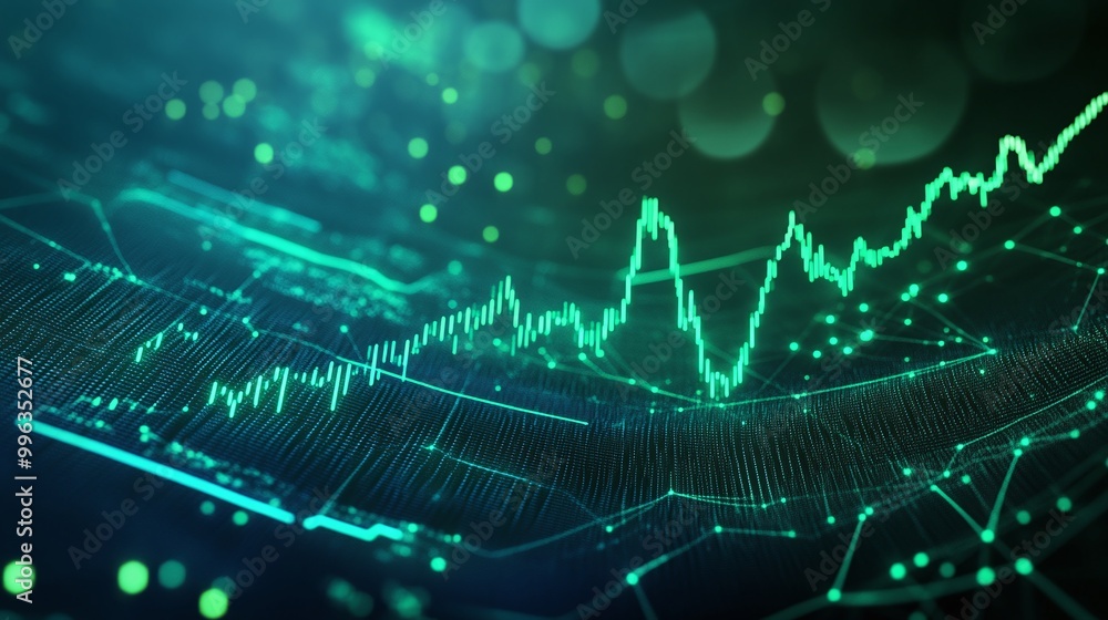 Poster abstract digital graph representation with green light and data points, illustrating modern financia