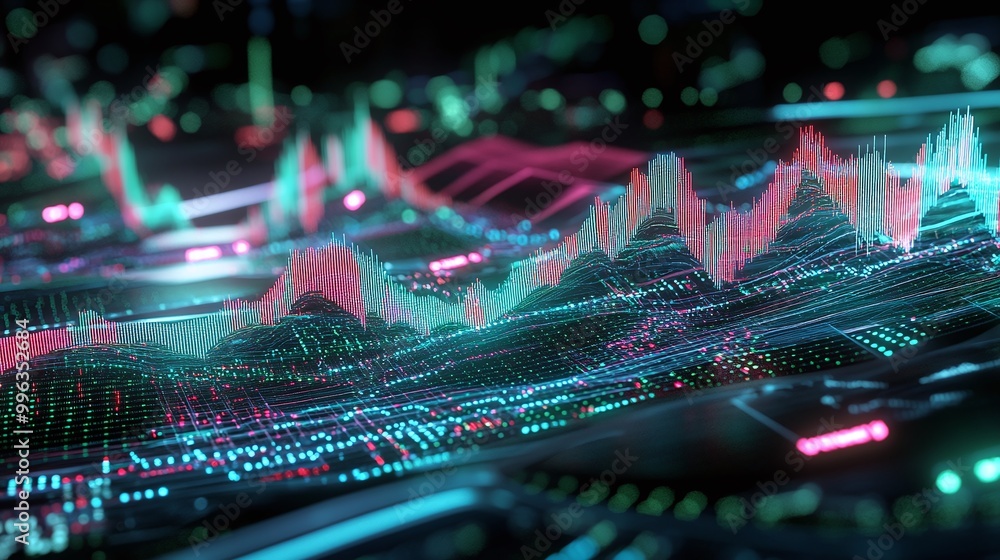 Poster abstract digital graph representation with vibrant colors and fluctuating data patterns on a dark ba