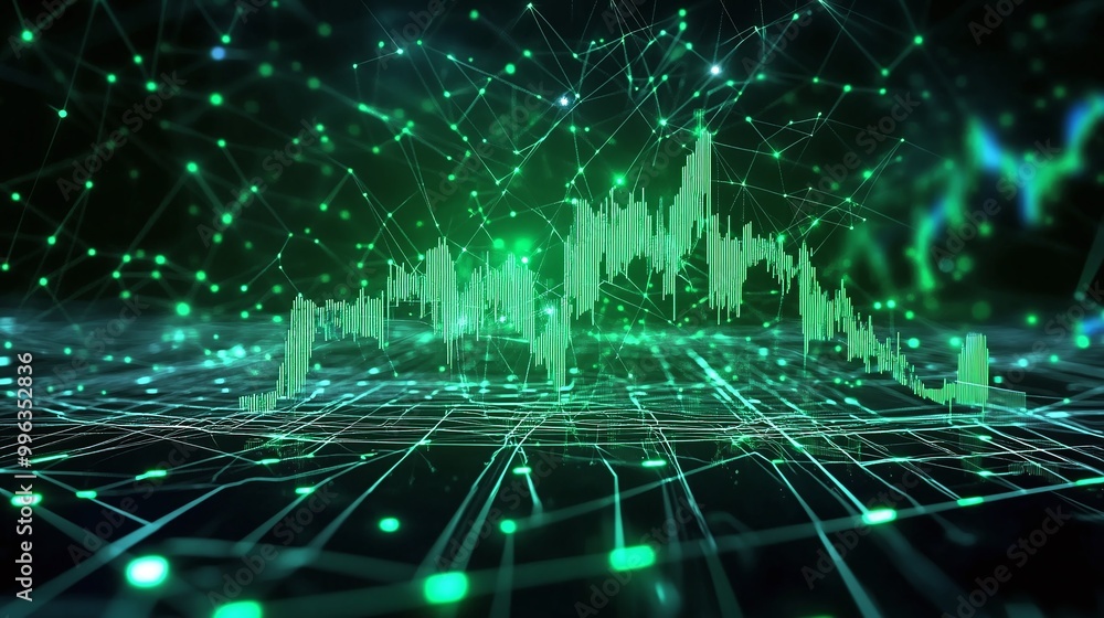 Poster abstract digital graph representing data trends on a dark background with glowing green lines and no