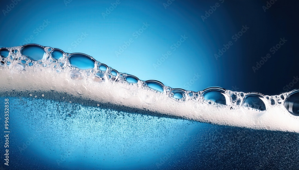 Aufkleber close-up of glowing soap bubbles on water surface against vibrant blue background, capturing the eth