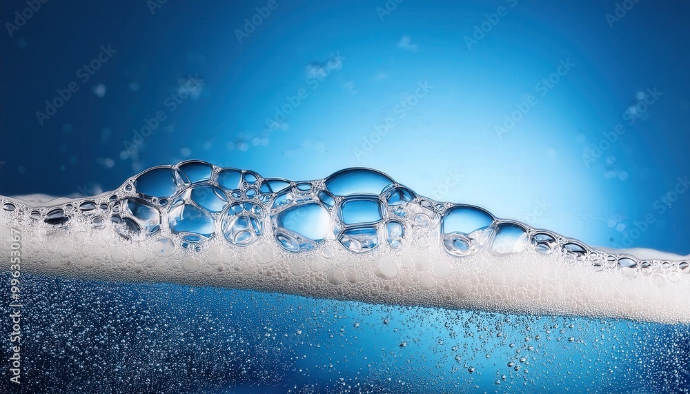 Aufkleber close-up of glowing soap bubbles on water surface against vibrant blue background, capturing the eth