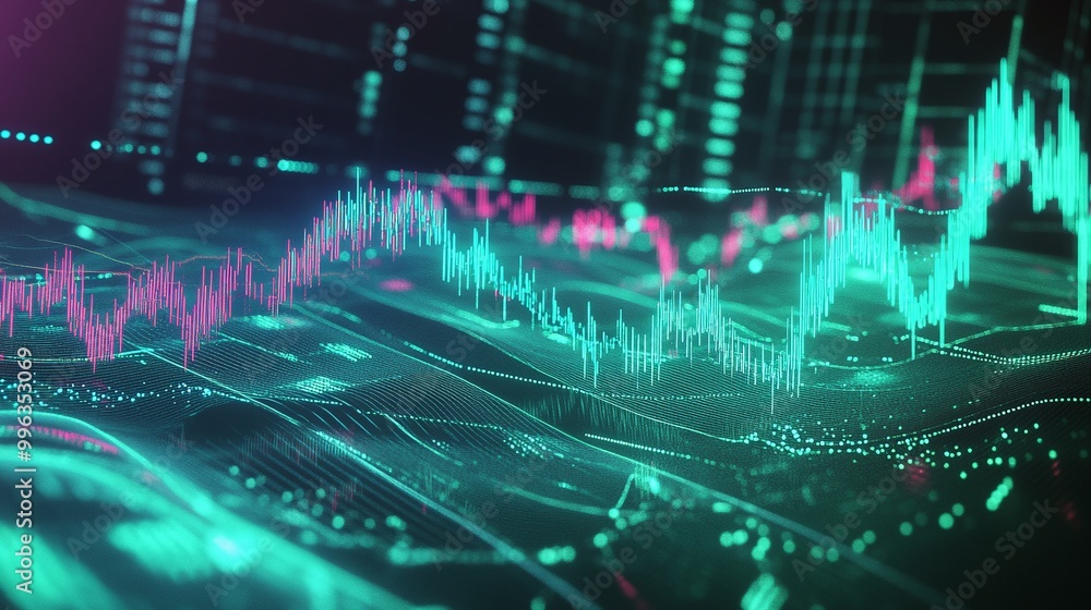 Poster abstract digital graph representing market trends with vibrant colors and dynamic patterns.