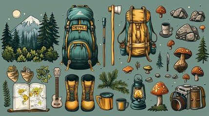 Retro camping vector illustration set: backpack, map, hiking boots, campfire, guitar, tent, mug, camera, lantern, travel trailer, ax, mushrooms. Cartoon design elements collection tourism concept
