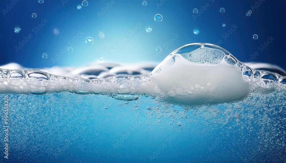 Aufkleber close-up of glowing soap bubbles on water surface against vibrant blue background, capturing the eth