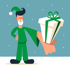 Eco-friendly green Santa Claus holding gifts made of recycled materials. Eco-Christmas concept. Sustainable development and technology. Flat vector illustration.