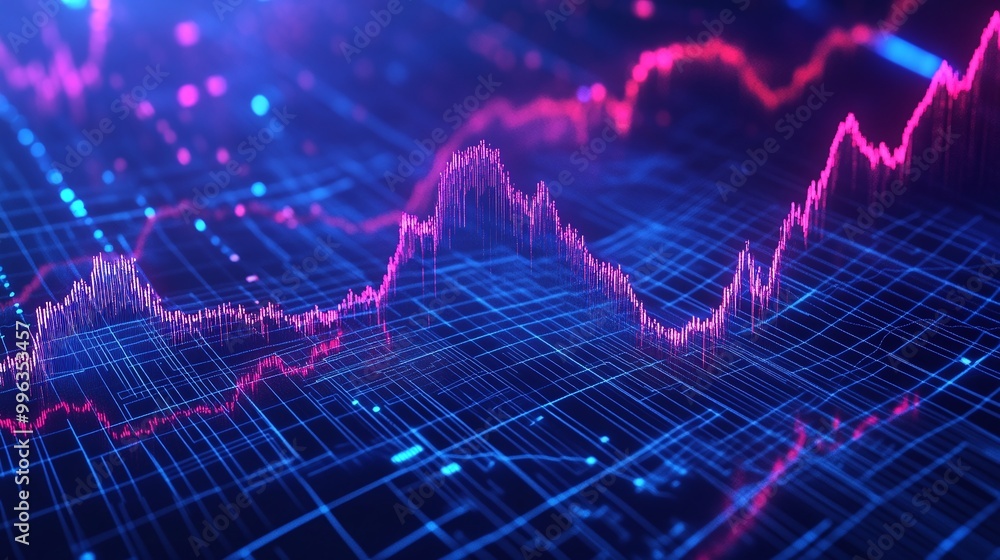 Poster abstract digital graph showing data trends and fluctuations in vibrant colors against a dark backgro