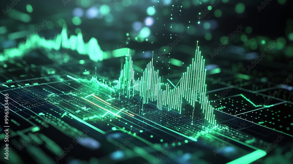Poster abstract digital graph showing data trends in vibrant green against a dark background.