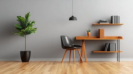 Modern Home Office Interior Design with Wooden Desk and Black Chair