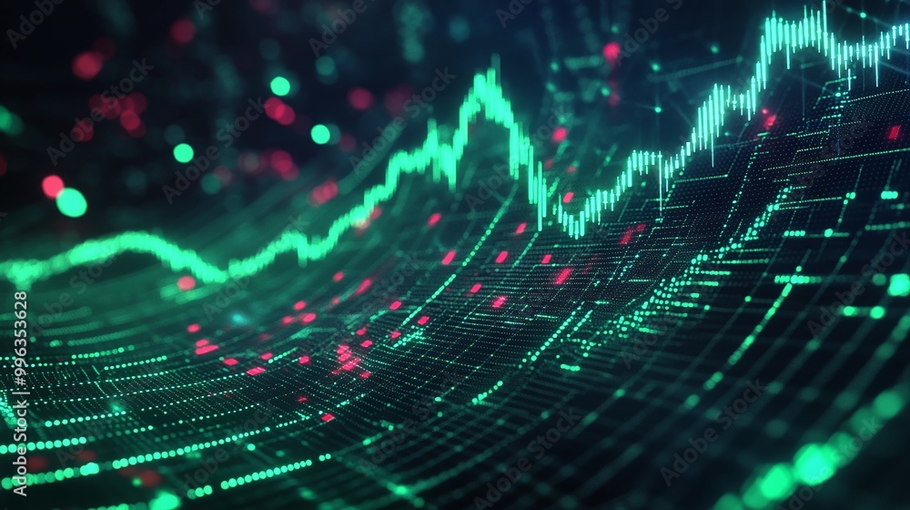 Poster abstract digital graph showing financial growth with vibrant colors and dynamic wave patterns.