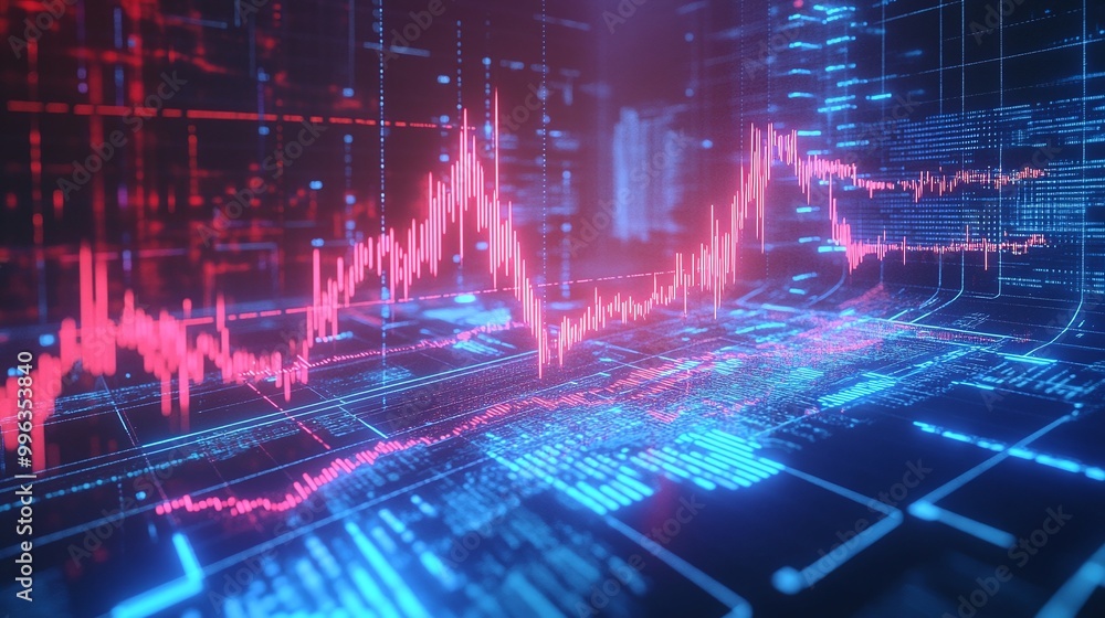 Poster abstract digital graph showing fluctuations in financial market data with vibrant colors.