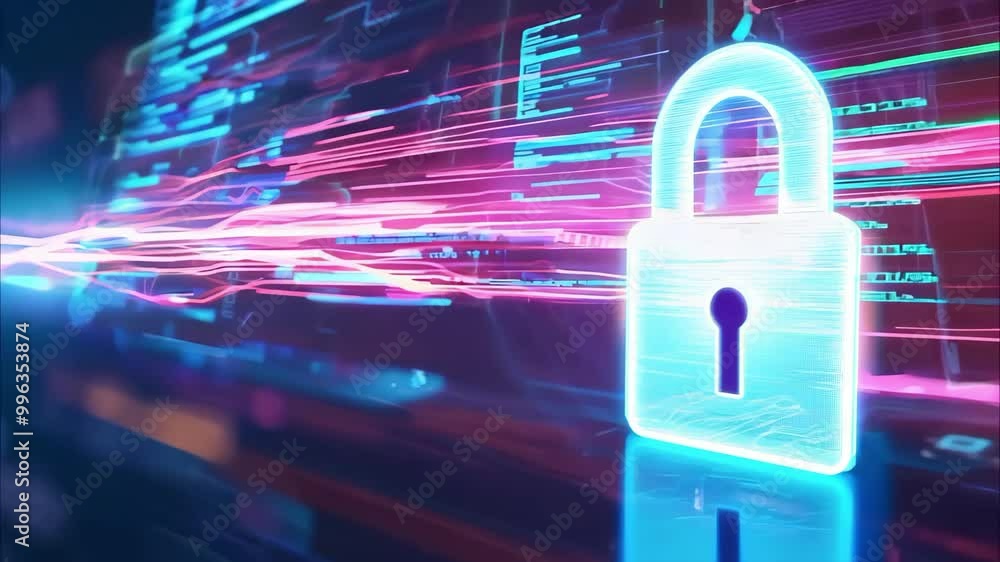 Poster a digital padlock symbolizing cybersecurity, surrounded by vibrant data streams and futuristic graph